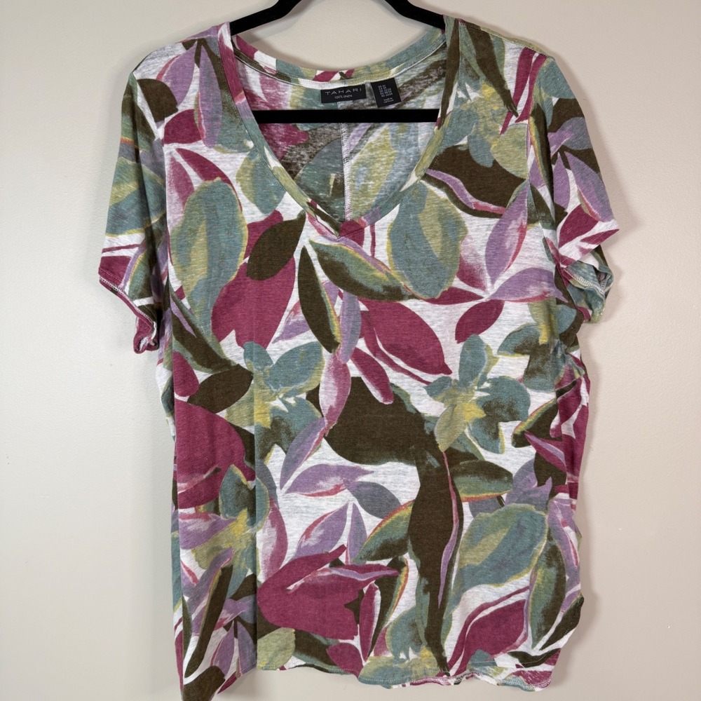 Tahari Womens 2X Linen‎ V Neck Short Sleeve Abstract Watercolor T Shirt